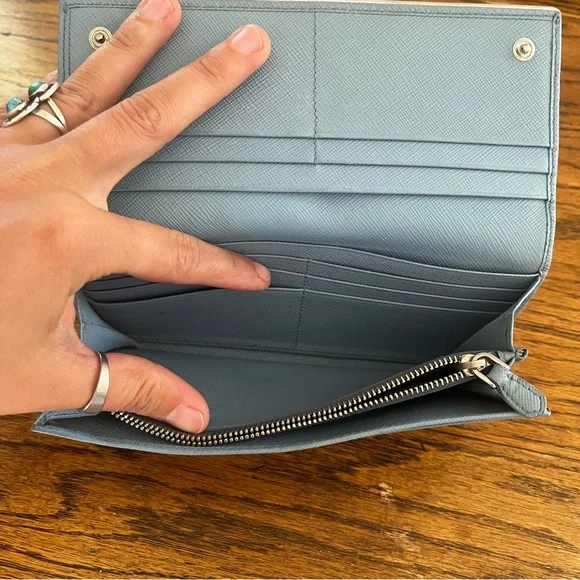 Prada Saffiano Leather Light Blue Metal Flap Bar Continental Wallet - Picture 10 of 13